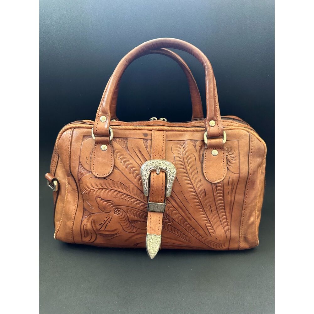 Vintage Hand Tooled Leather Satchel Bag Western Tooled Crossbody Purse Brown - Picture 7 of 16